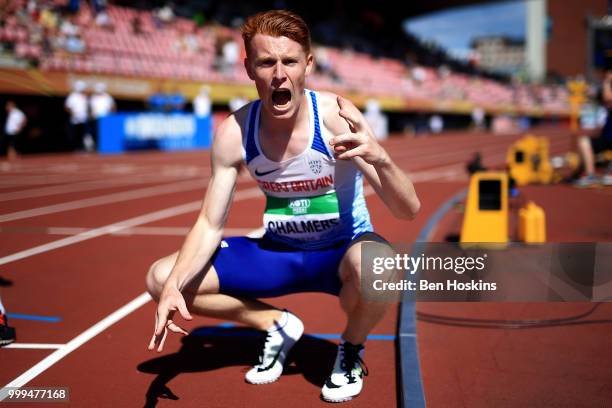 Alastair Chalmers of Great Britain celebrates winning bronze in the final of the men's 4x400m relay on day six of The IAAF World U20 Championships on...