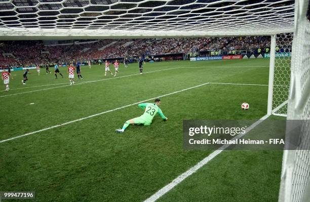 Goalkeeper Danijel Subasic of Croatia is beaten by a shot from Kylian Mbappe for France's fourth goal during the 2018 FIFA World Cup Final between...