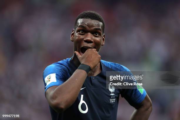Paul Pogba of France celebrates following his sides victory in the 2018 FIFA World Cup Final between France and Croatia at Luzhniki Stadium on July...
