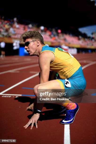 Ashley Moloney of Australia looks dejected following the final of the men's 4x400m relay on day six of The IAAF World U20 Championships on July 15,...