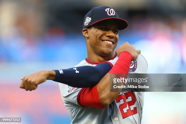 Juan Soto of the Washington Nationals looks on prior to the game against the Washington Nationals at Citi Field on July 13, 2018 in the Flushing...