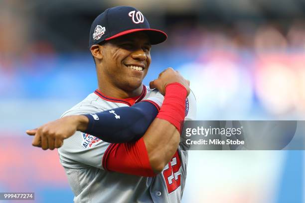 Juan Soto of the Washington Nationals looks on prior to the game against the Washington Nationals at Citi Field on July 13, 2018 in the Flushing...