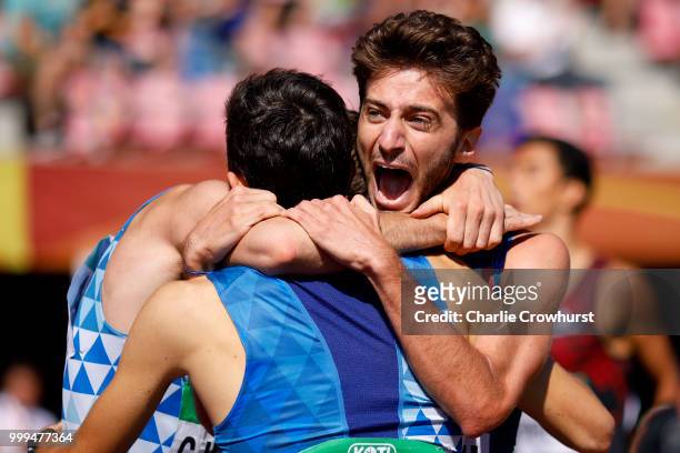 Andrea Romani of Italy celebrates with his team mates after Italy win gold in the final of the men's 4x400m relay on day six of The IAAF World U20...