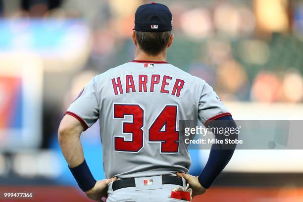 Bryce Harper of the Washington Nationals looks on prior to the game against the New York Mets at Citi Field on July 13, 2018 in the Flushing...