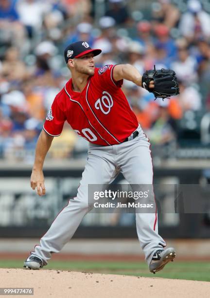 Austin Voth of the Washington Nationals in action against the New York Mets at Citi Field on July 14, 2018 in the Flushing neighborhood of the Queens...
