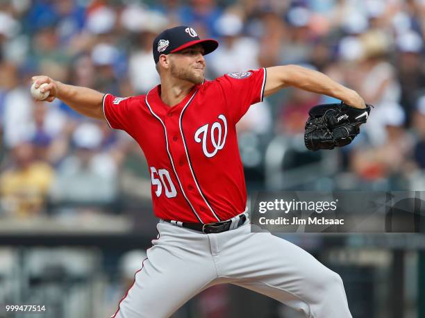 Austin Voth of the Washington Nationals in action against the New York Mets at Citi Field on July 14, 2018 in the Flushing neighborhood of the Queens...