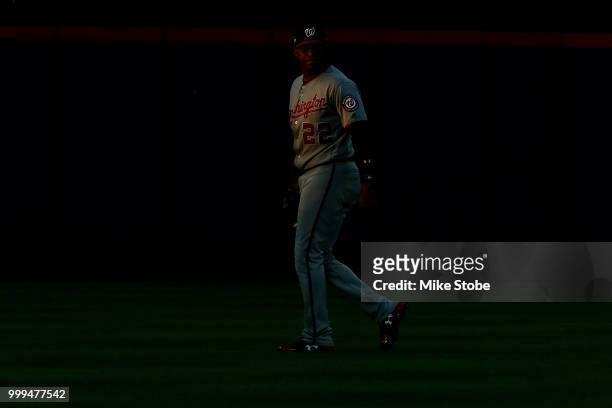 Juan Soto of the Washington Nationals looks on prior to the game against the New York Mets at Citi Field on July 13, 2018 in the Flushing...