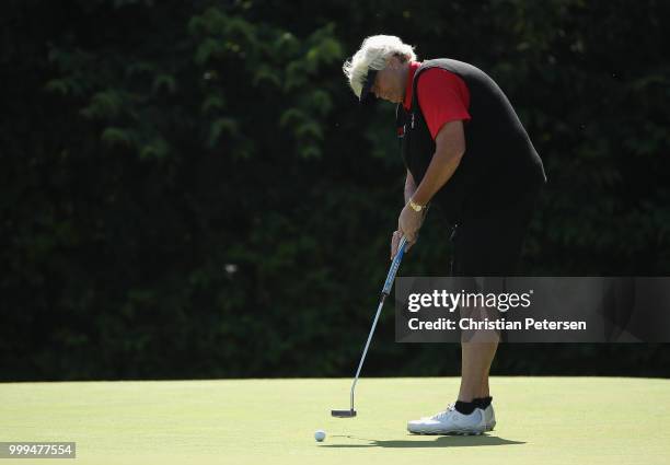 Laura Davies of England putts on the third green during the final round of the U.S. Senior Women's Open at Chicago Golf Club on July 15, 2018 in...