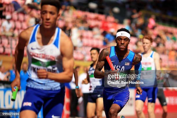 Howard Fields of The USA in action during the final of the men's 4x400m relay on day six of The IAAF World U20 Championships on July 15, 2018 in...