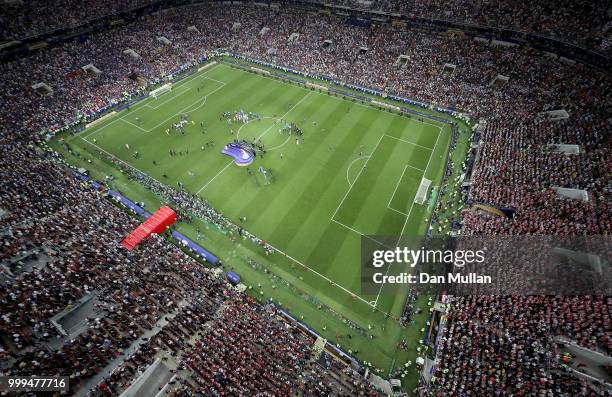 General view of stadium as stage is prepared for trophy presentation during the 2018 FIFA World Cup Final between France and Croatia at Luzhniki...