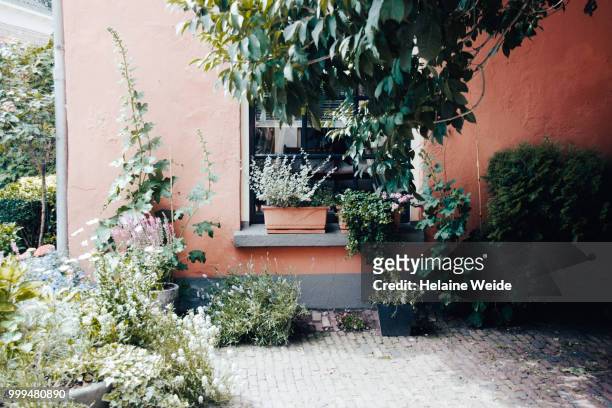 garden in front of a house - stone wall garden stock pictures, royalty-free photos & images