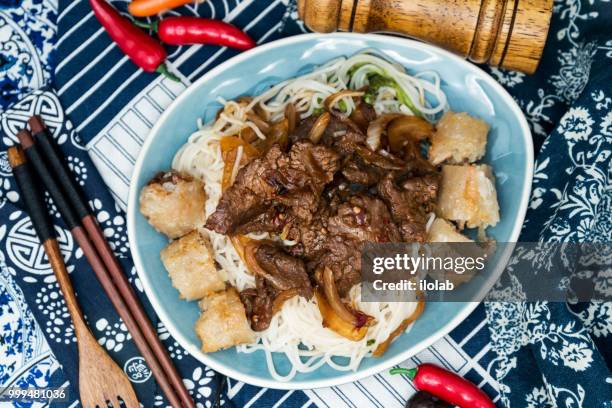 beef vietnamese food bo bun rice vermicelli - rice vermicelli stock pictures, royalty-free photos & images