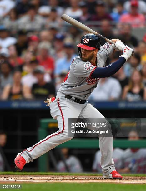 Bryce Harper of the Washington Nationals in action during the game against the Pittsburgh Pirates at PNC Park on July 10, 2018 in Pittsburgh,...