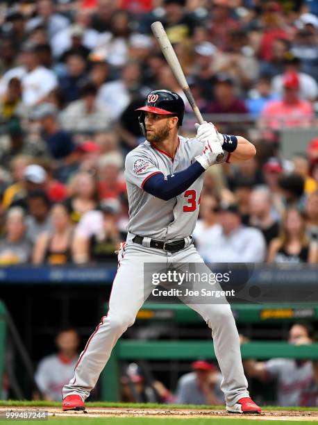 Bryce Harper of the Washington Nationals in action during the game against the Pittsburgh Pirates at PNC Park on July 10, 2018 in Pittsburgh,...