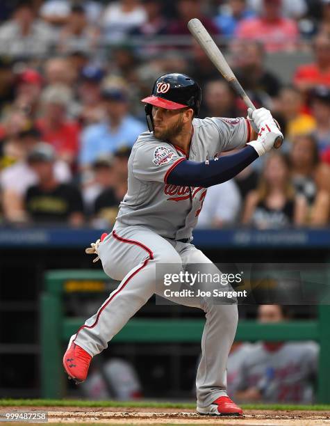 Bryce Harper of the Washington Nationals in action during the game against the Pittsburgh Pirates at PNC Park on July 10, 2018 in Pittsburgh,...