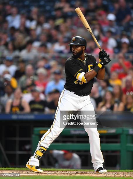 Gregory Polanco of the Pittsburgh Pirates in action during the game against the Washington Nationals at PNC Park on July 10, 2018 in Pittsburgh,...
