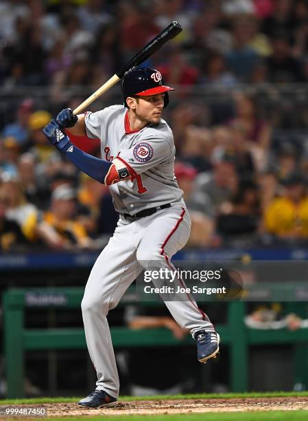 Trea Turner of the Washington Nationals in action during the game against the Pittsburgh Pirates at PNC Park on July 10, 2018 in Pittsburgh,...