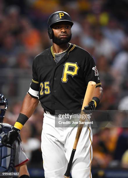 Gregory Polanco of the Pittsburgh Pirates in action during the game against the Washington Nationals at PNC Park on July 10, 2018 in Pittsburgh,...