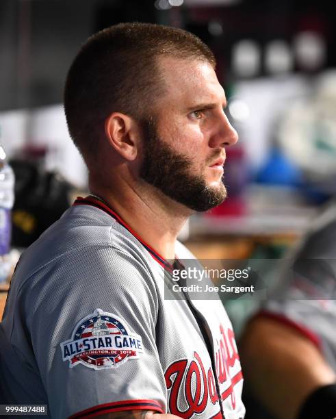 Matt Adams of the Washington Nationals looks on during the game against the Pittsburgh Pirates at PNC Park on July 10, 2018 in Pittsburgh,...