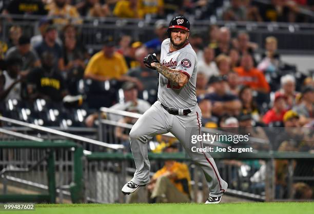 Matt Adams of the Washington Nationals in action during the game against the Pittsburgh Pirates at PNC Park on July 10, 2018 in Pittsburgh,...