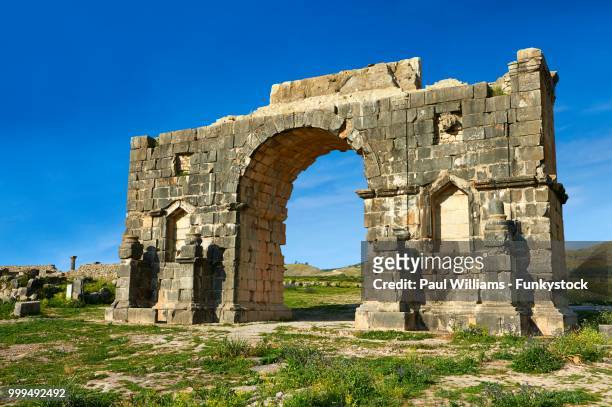 the arch of caracalla, archaeological site, volubilis, unesco world heritage site, near meknes, morocco - moulay idriss stockfoto's en -beelden