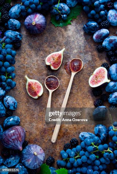 fresh figs, grapes, prunes and dewberry - dewberry stock pictures, royalty-free photos & images