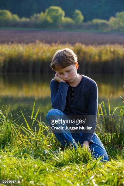 sad boy sitting on a small lake, wandersleben, thuringia, germany - ginger banks stockfoto's en -beelden