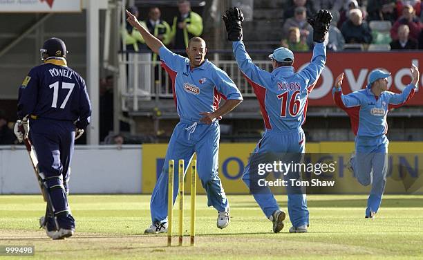 Andrew Symonds of Kent celebrtates taking the wicket of Michael Powell of Warwickshire during the Warwickshire Bears v Kent Spitfires Norwich Union...