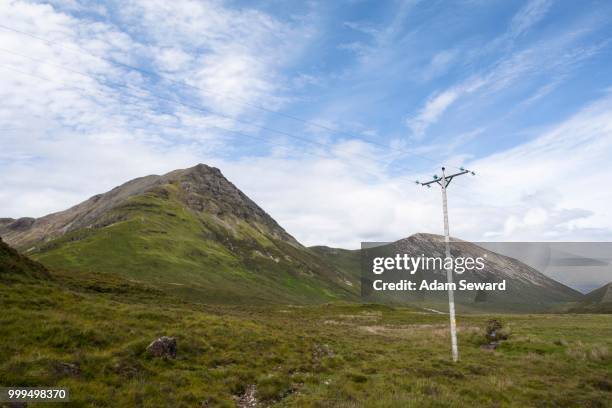 telegraph pole and cables with belig and glas bheinn mhor at the back, strathaird, isle of skye, scotland, united kingdom - glas fotografías e imágenes de stock