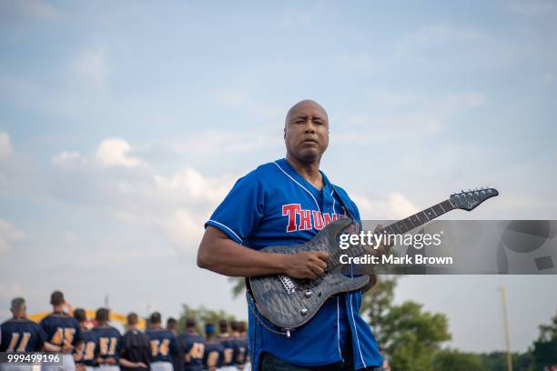 Former New York Yankee Bernie Williams performs the National Anthem before the 2018 Eastern League All Star Game at Arm & Hammer Park on July 11,...
