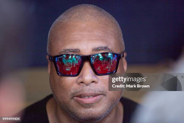 Former New York Yankee Bernie Williams speaks with members of the media before the 2018 Eastern League All Star Game at Arm & Hammer Park on July 11,...