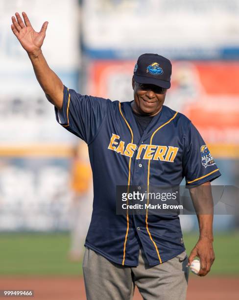 Hall of Famer Ken Griffery Sr. Throws out the first pitch before the 2018 Eastern League All Star Game at Arm & Hammer Park on July 11, 2018 in...