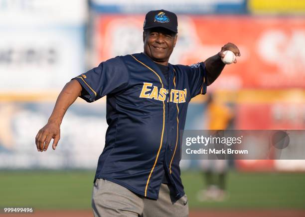 Hall of Famer Ken Griffery Sr. Throws out the first pitch before the 2018 Eastern League All Star Game at Arm & Hammer Park on July 11, 2018 in...