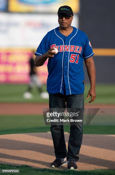 Former New York Yankee Bernie Williams gets ready to throw out the first pitch before the 2018 Eastern League All Star Game at Arm & Hammer Park on...