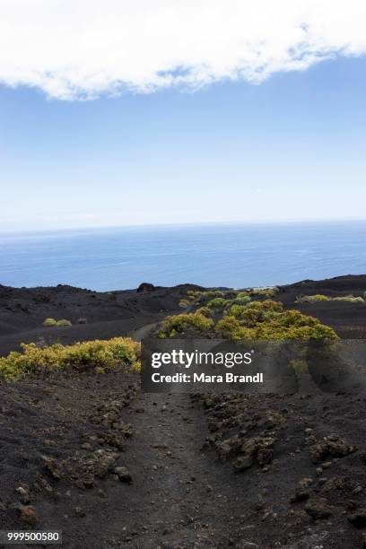 hiking trail through lava landscape, monumento natural de los volcanes de teneguia park, southern cape punta de fuencaliente, la palma, canary islands, spain - monumento bildbanksfoton och bilder