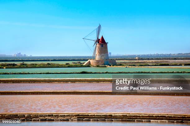 salt pans, ettore e infersa salt mill and windmill, masala, sicily, italy - marsala stock pictures, royalty-free photos & images