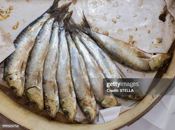 sale of salted fish, weekly market market of porto colom, majorca, balearic islands, spain - weekly bildbanksfoton och bilder