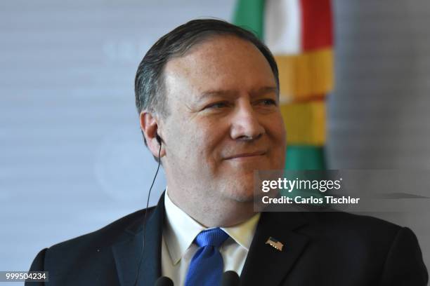 Secretary of State Michael Pompeo speaks during a press conference at Secretariat of Foreign Affairs on July 13, 2018 in Mexico City, Mexico. U.S....