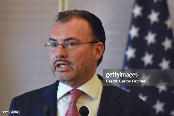 Mexico's Minister of Foreign Affairs Luis Videgaray speaks during press conference at Secretariat of Foreign Affairs on July 13, 2018 in Mexico City,...