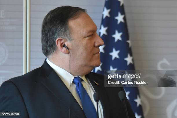 Secretary of State Michael Pompeo speaks during a press conference at Secretariat of Foreign Affairs on July 13, 2018 in Mexico City, Mexico. U.S....