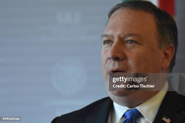 Secretary of State Michael Pompeo speaks during a press conference at Secretariat of Foreign Affairs on July 13, 2018 in Mexico City, Mexico. U.S....