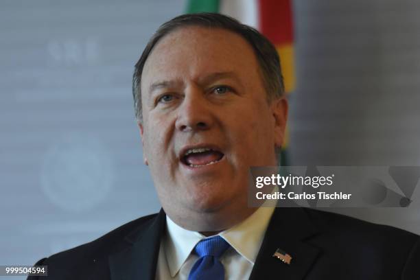 Secretary of State Michael Pompeo speaks during a press conference at Secretariat of Foreign Affairs on July 13, 2018 in Mexico City, Mexico. U.S....