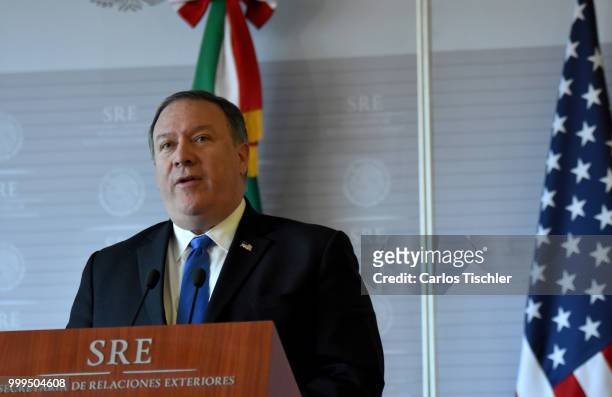 Secretary of State Michael Pompeo speaks during a press conference at Secretariat of Foreign Affairs on July 13, 2018 in Mexico City, Mexico. U.S....