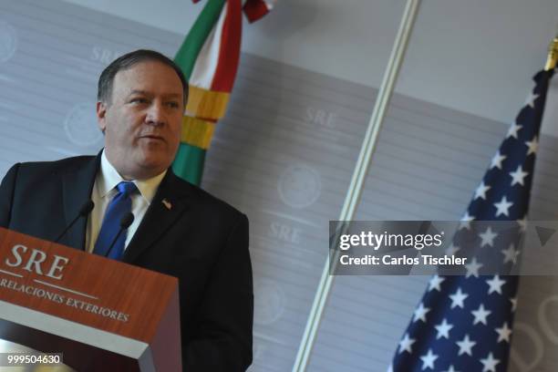 Secretary of State Michael Pompeo speaks during a press conference at Secretariat of Foreign Affairs on July 13, 2018 in Mexico City, Mexico. U.S....