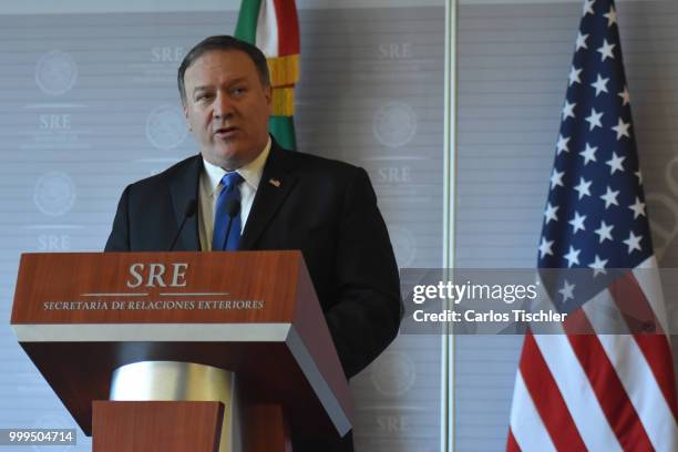 Secretary of State Michael Pompeo speaks during a press conference at Secretariat of Foreign Affairs on July 13, 2018 in Mexico City, Mexico. U.S....