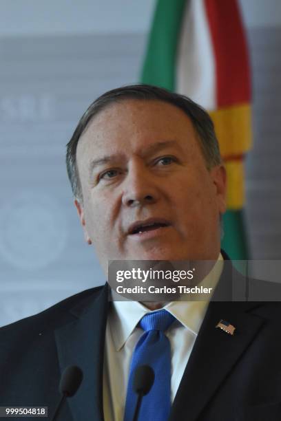 Secretary of State Michael Pompeo speaks during a press conference at Secretariat of Foreign Affairs on July 13, 2018 in Mexico City, Mexico. U.S....