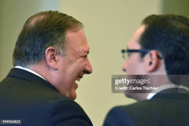 Secretary of State Michael Pompeo looks during a press conference at Secretariat of Foreign Affairs on July 13, 2018 in Mexico City, Mexico. U.S....