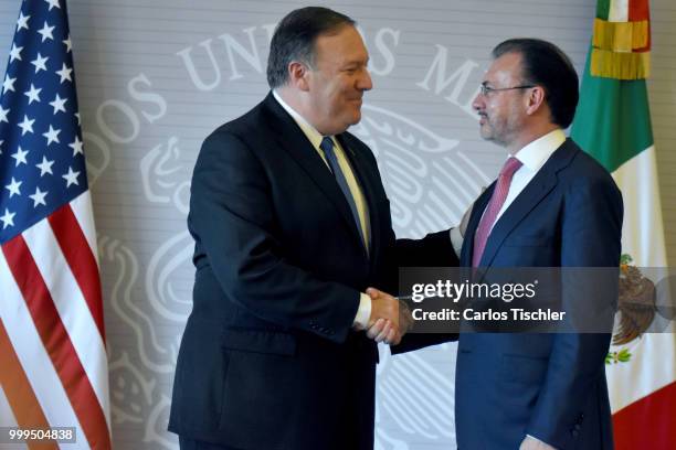 Secretary of State Michael Pompeo and Mexico's Minister of Foreign Affairs Luis Videgaray shake they hands during press conference at Secretariat of...