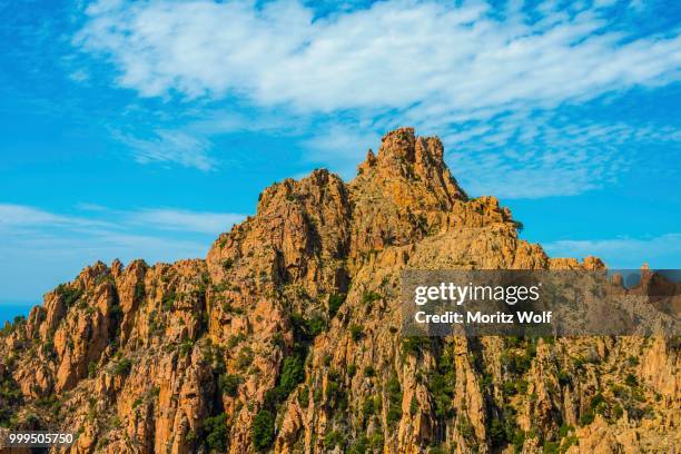 bizarre rock face, rock formations, calanche of piana, calanques de piana, gulf of porto, corse-du-sud, corsica, france - sud de la france stock-fotos und bilder