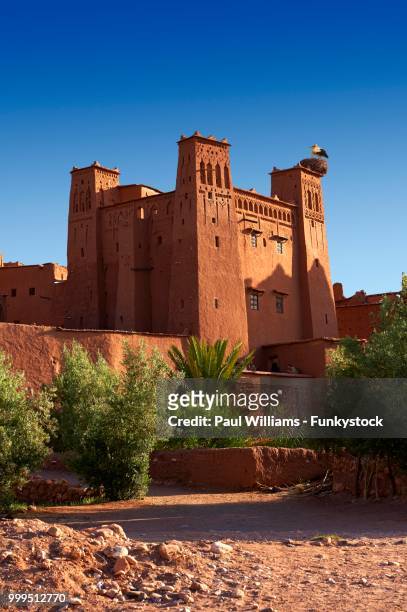 mud buildings of the fortified berber ksar of ait benhaddou with a stork's nest, sous-massa-dra, morocco - massa fotografías e imágenes de stock